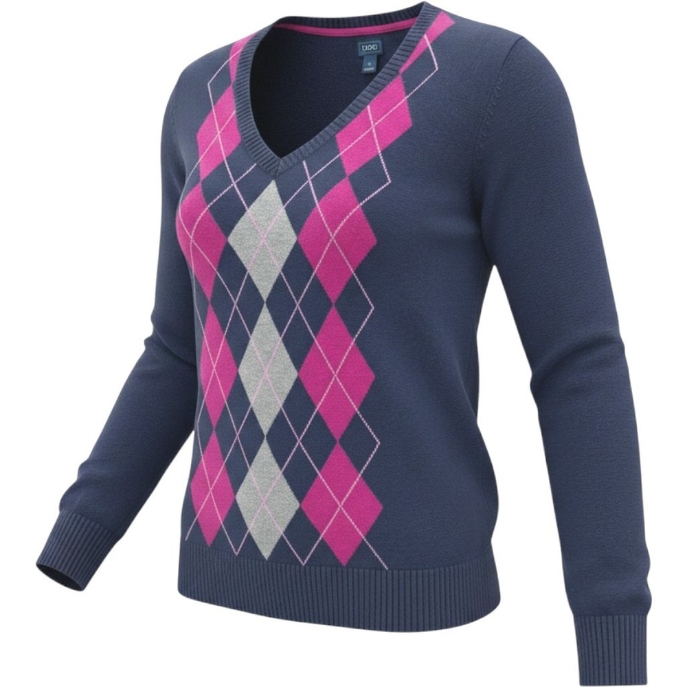 IZOD Argyle V-Neck Sweater Women 1X Navy Pink Cotton Preppy Dark Academia‎